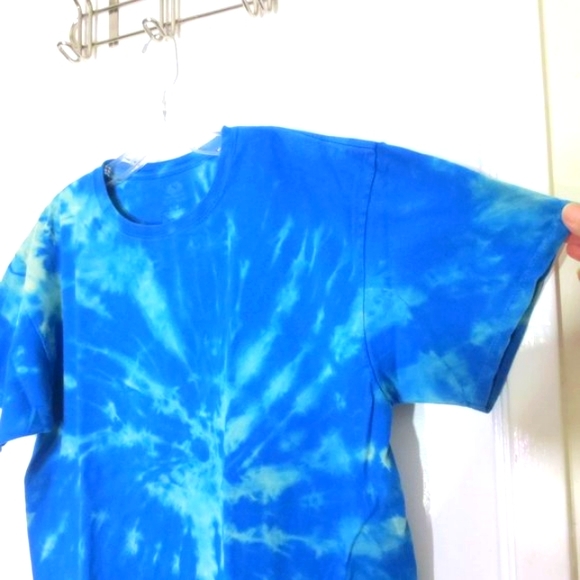 New Upcycled Shirt Reverse Tie Dye Blue Green Stretch Cotton Comfy Unisex Size L - Picture 4 of 7